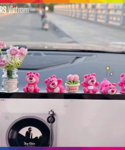 Set gấu Lotso mini trang trí màn hình ô tô bảng điều khiển, mô hình gấu dâu trang trí xe hơi
