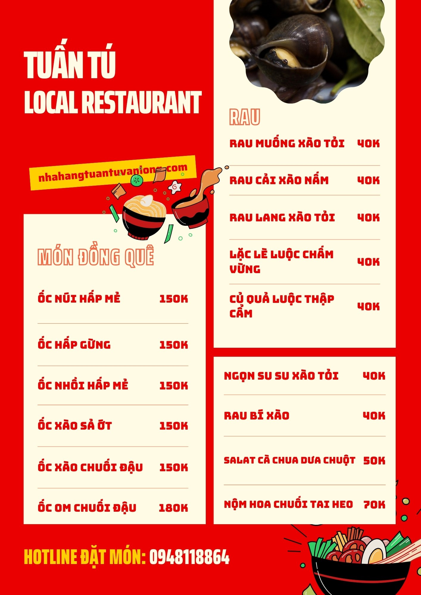 Menu nhà hàng Tuấn Tú, Vân Long, Ninh Bình