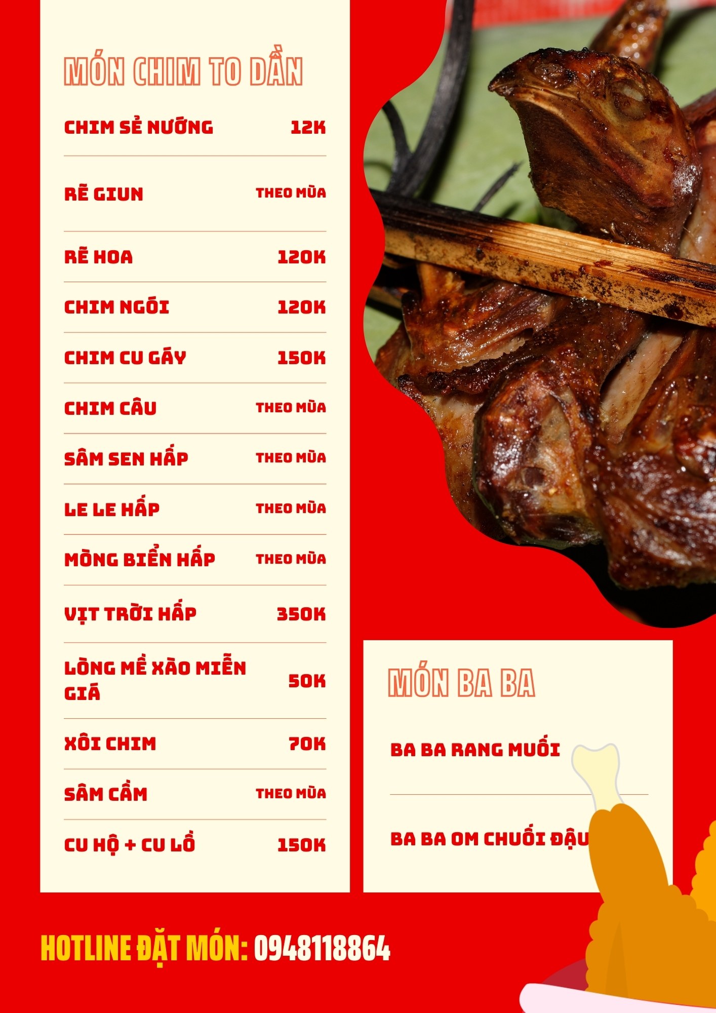 Menu nhà hàng Tuấn Tú, Vân Long, Ninh Bình