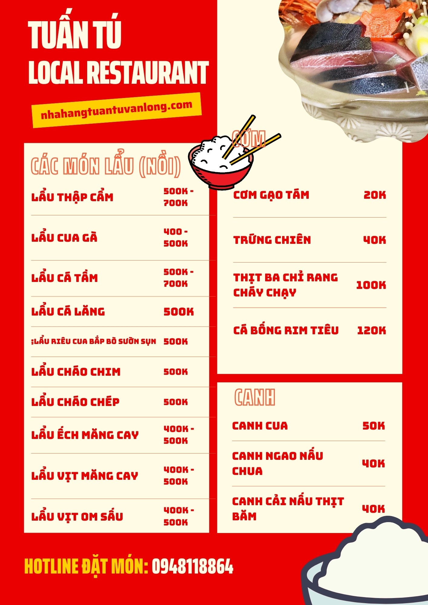Menu nhà hàng Tuấn Tú, Vân Long, Ninh Bình