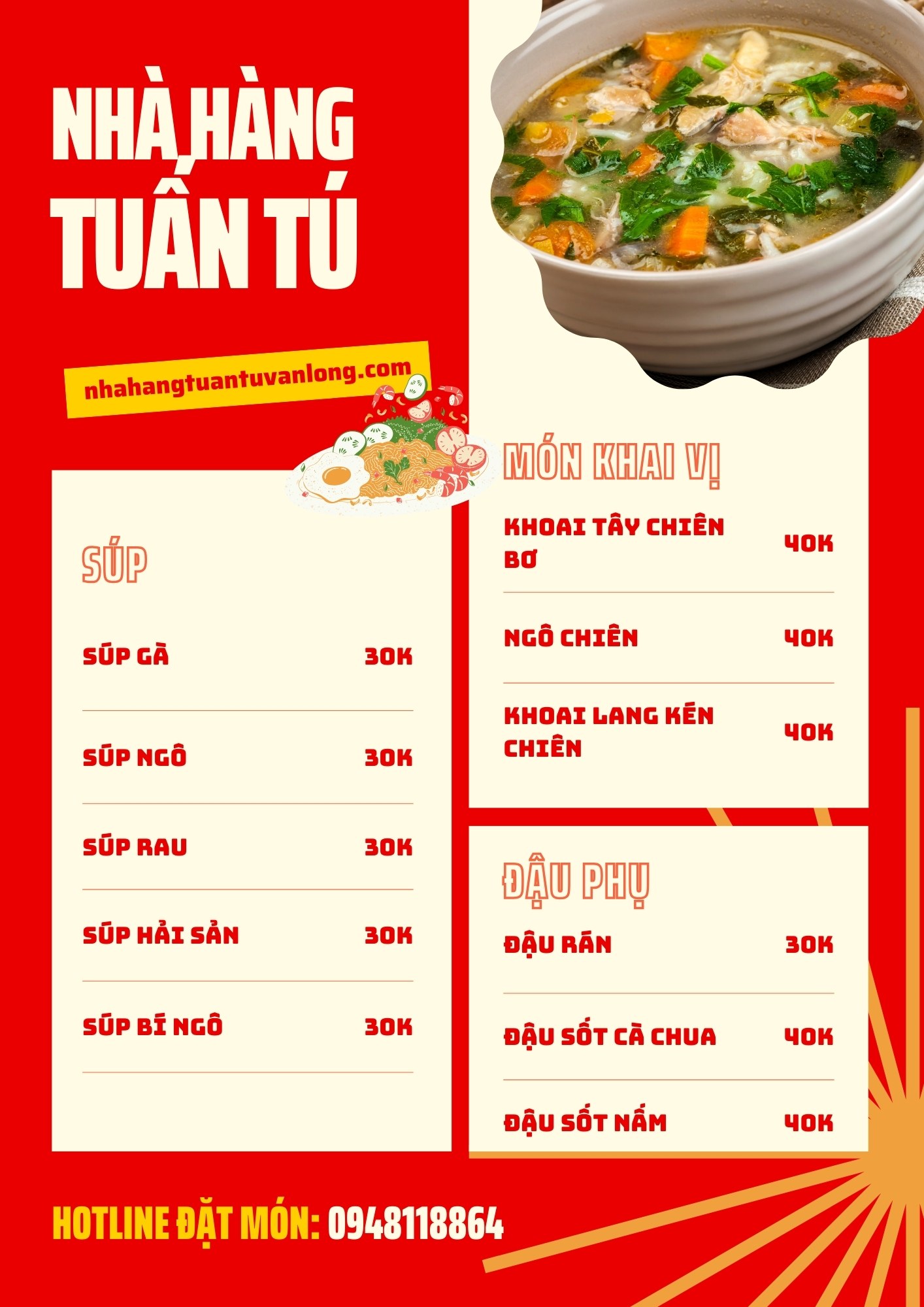 Menu nhà hàng Tuấn Tú, Vân Long, Ninh Bình