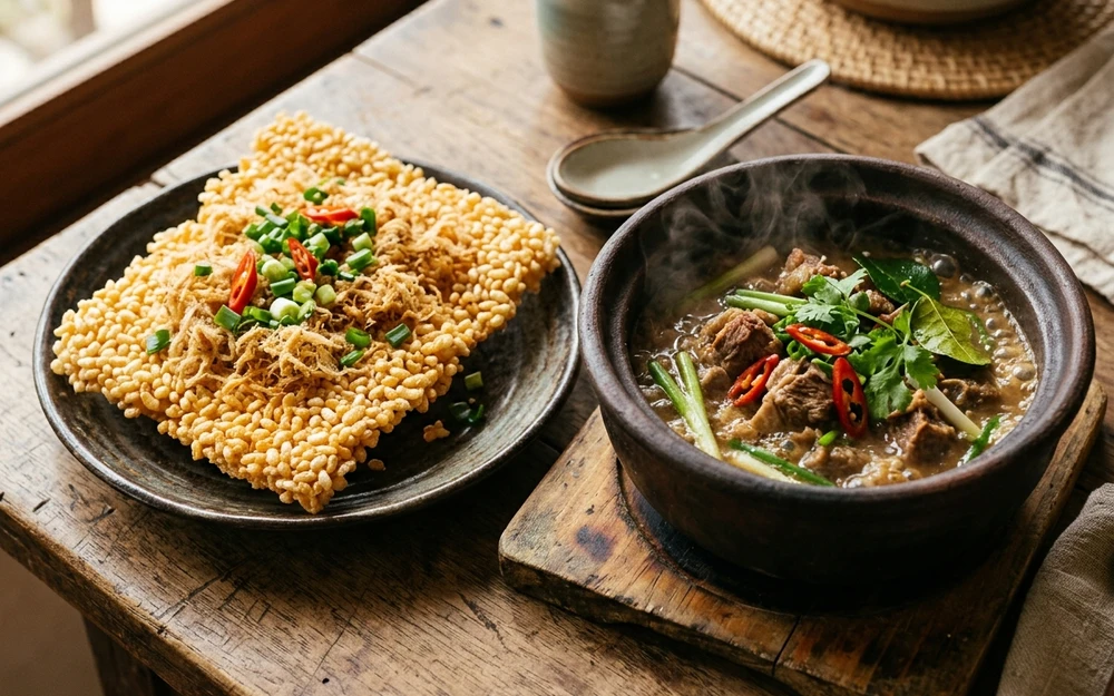 Cơm cháy giòn rụm chấm nước sốt thịt dê đậm đà đặc sản Ninh Bình