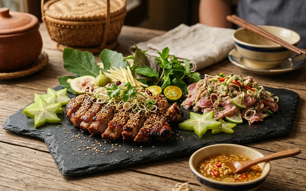 Đặc sản thịt dê núi nướng tảng thơm lừng chấm tương gừng nhà hàng Tuấn Tú
