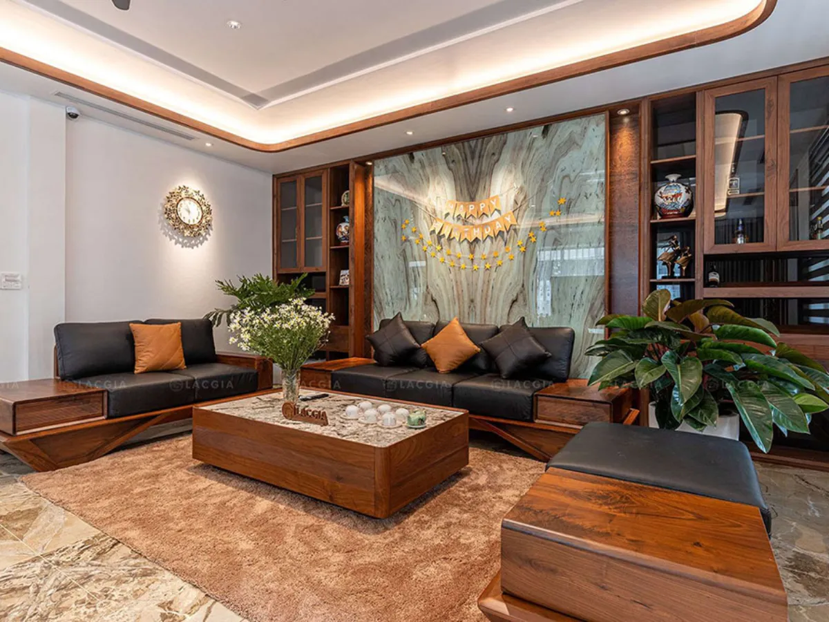 Bộ Sofa Gỗ Tự Nhiên và Bàn Trà Có Ngăn Kéo