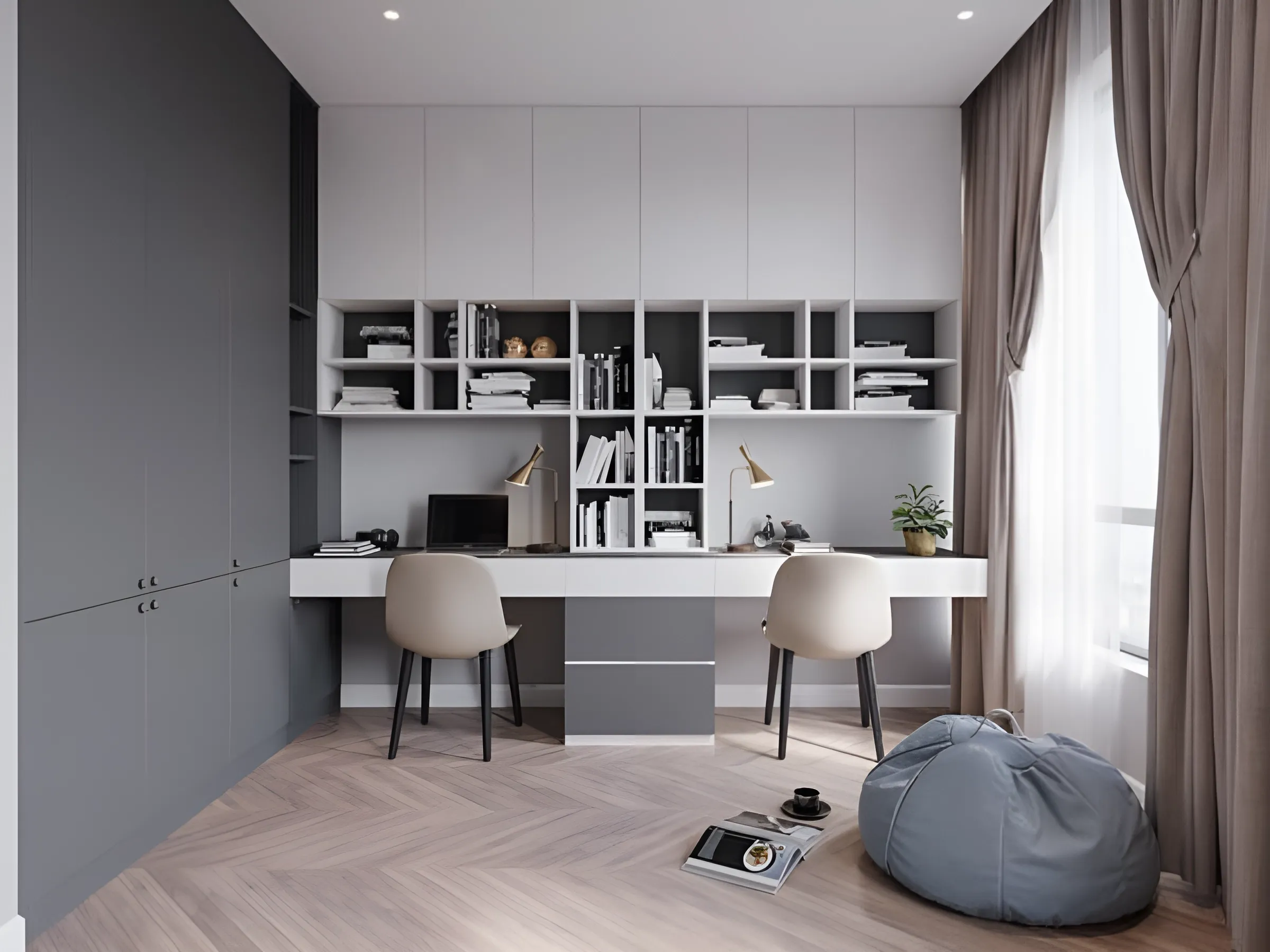 Phòng đọc sách với tông màu trắng và xanh pastel