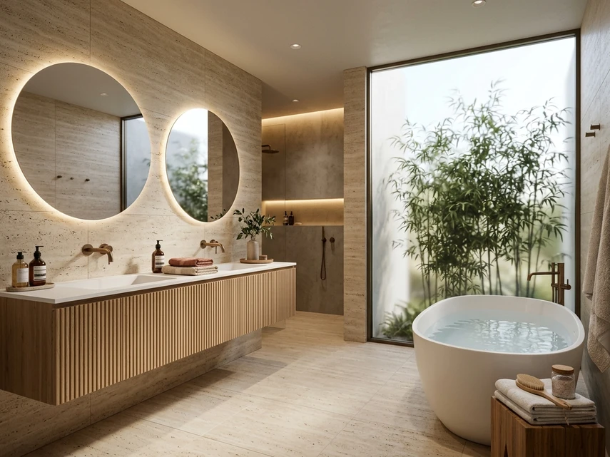 Thiết Kế Phòng Tắm Master Phong Cách Spa Nghỉ Dưỡng: Bồn Tắm Nằm, Tủ Lavabo Treo & Đá Tự Nhiên