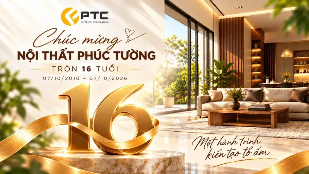 Banner chúc mừng sinh nhật Nội Thất Phúc Tường 16 năm một hành trình kiến tạo tổ ấm