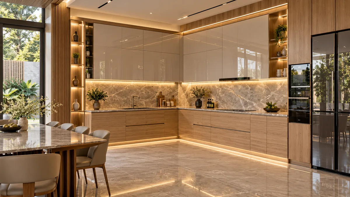 Mẫu Tủ Bếp Chữ L Gỗ Acrylic Bóng Gương: Chống Thấm Nước & Bền Đẹp Theo Thời Gian