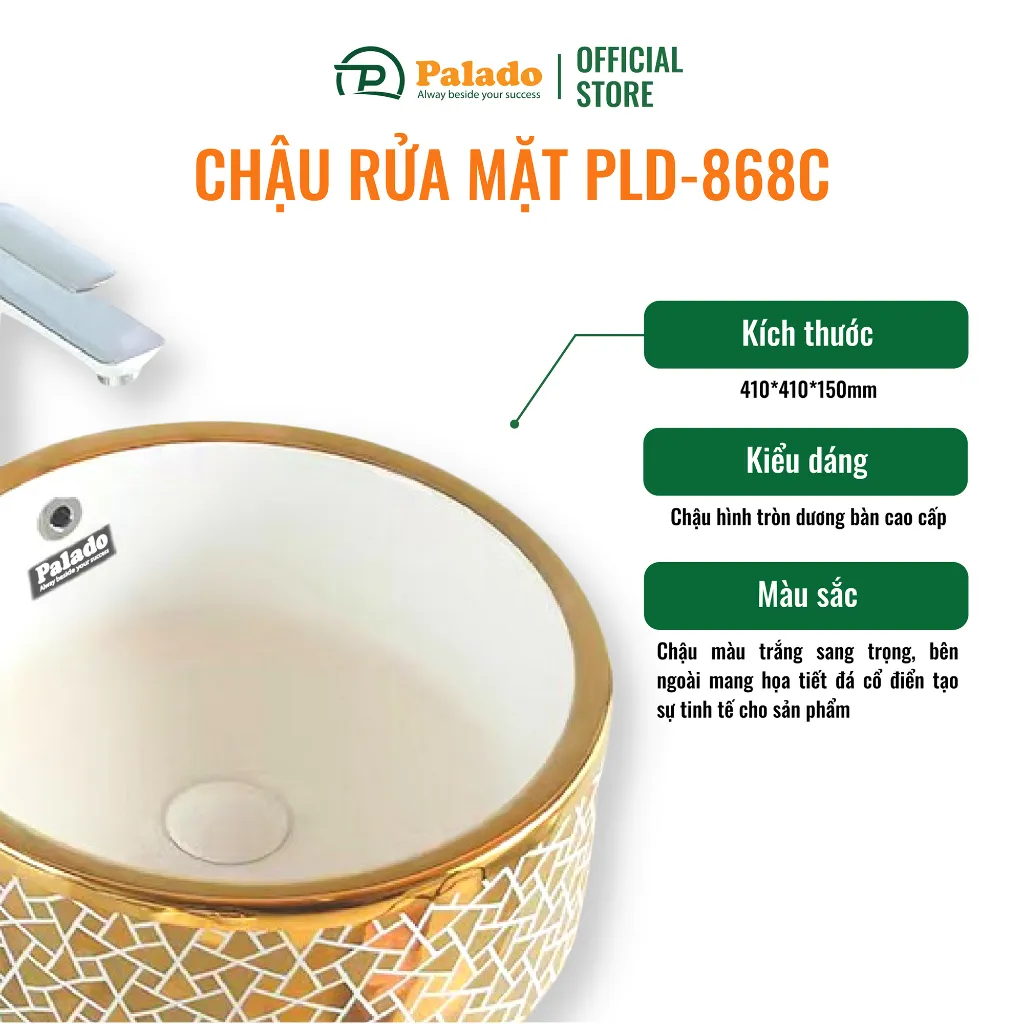 Chiếc chậu rửa lavabo dương bàn Palado PLD868C thuộc loại chậu hình tròn dương bàn cao cấp