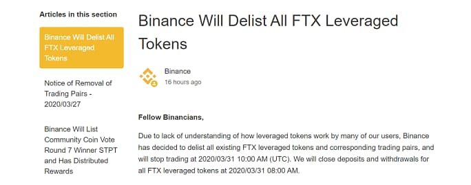 Binance Will Delist All FTX Leveraged Tokens