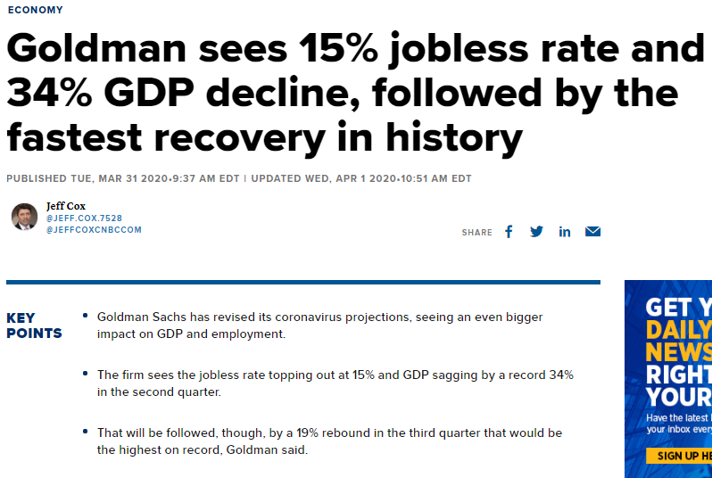 Goldman dự đoán tỷ lệ thất nghiệp và GDP của Mỹ quý II năm 2020 giảm