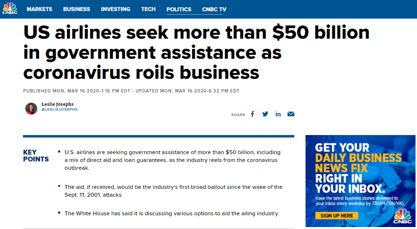 Các hãng hàng không Mỹ yêu cầu chính phủ hỗ trợ 50 tỷ USD trước ảnh hưởng dịch coronavirus