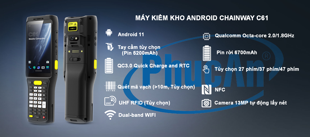 Máy kiểm kho android Chainway C61 chạy hệ điều hành android 11, dung lượng pin lên tói 7600mAh, khoảng cách lên tới 10 mét.