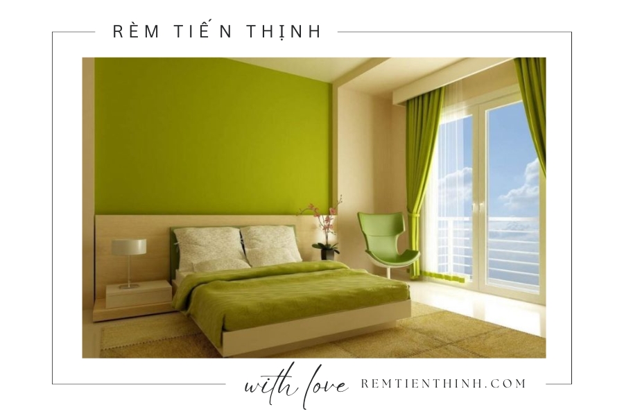 Rèm cửa đồng màu cho tường màu xanh lá cây