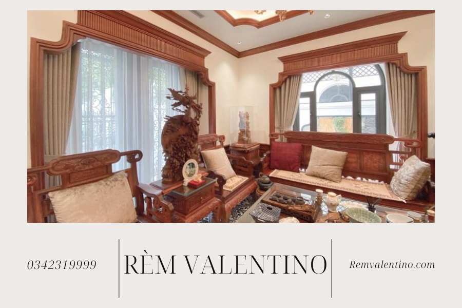 Không gian phòng khách với thiết kế rèm vải Hàn Quốc cao cấp