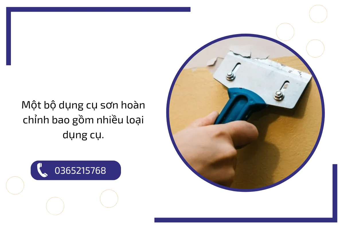 Một bộ dụng cụ sơn hoàn chỉnh bao gồm nhiều loại dụng cụ.