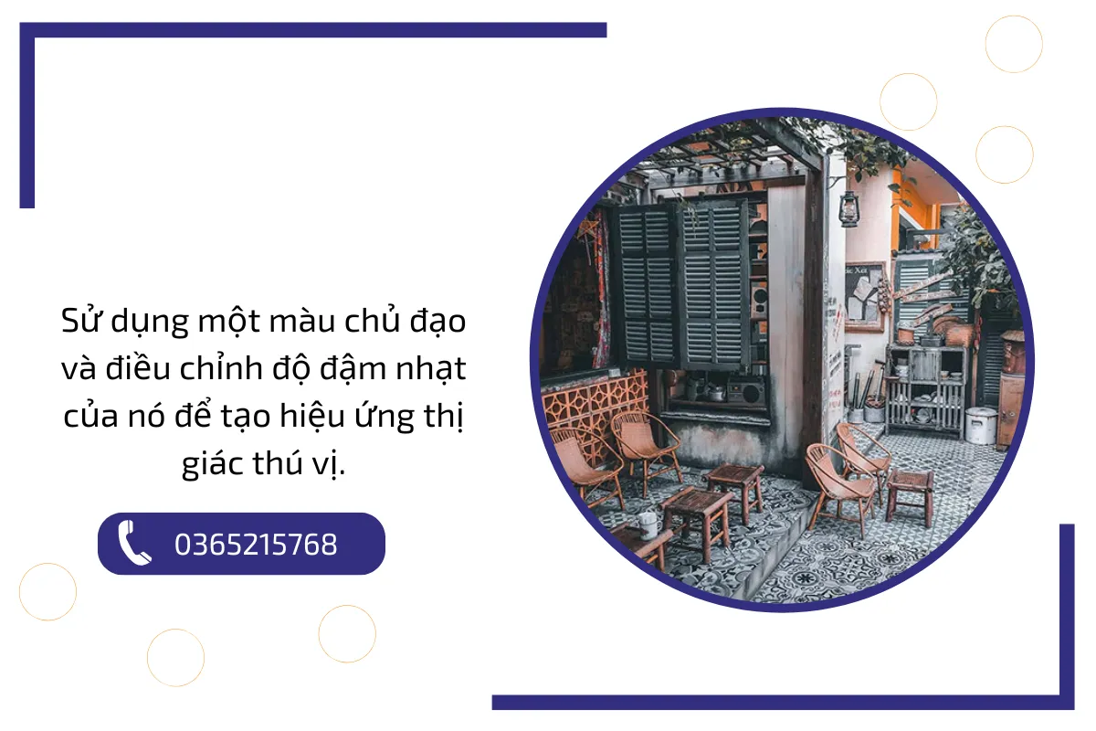 Sử dụng một màu chủ đạo và điều chỉnh độ đậm nhạt của nó để tạo hiệu ứng thị giác thú vị. Sơn tường cho quán cafe gồm 1 màu chủ đạo và điều chỉnh độ đậm nhạt của nó để tạo hiệu ứng thị giác thú vị.