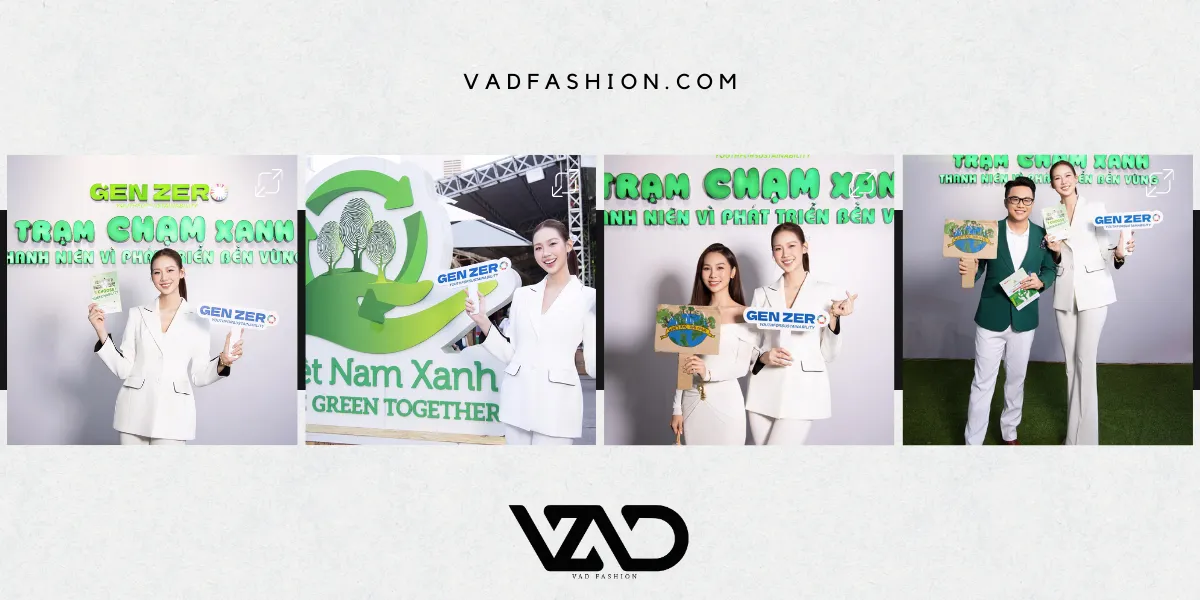 Hoa hậu Lê Nguyễn Bảo Ngọc diện trang phục nhà VAS cùng dự án Gen Zero trong gian hàng Trạm chạm xanh.