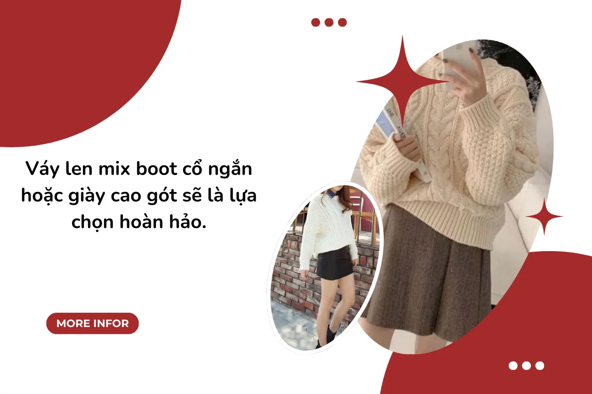 Váy len mix boot cổ ngắn hoặc giày cao gót sẽ là lựa chọn hoàn hảo.