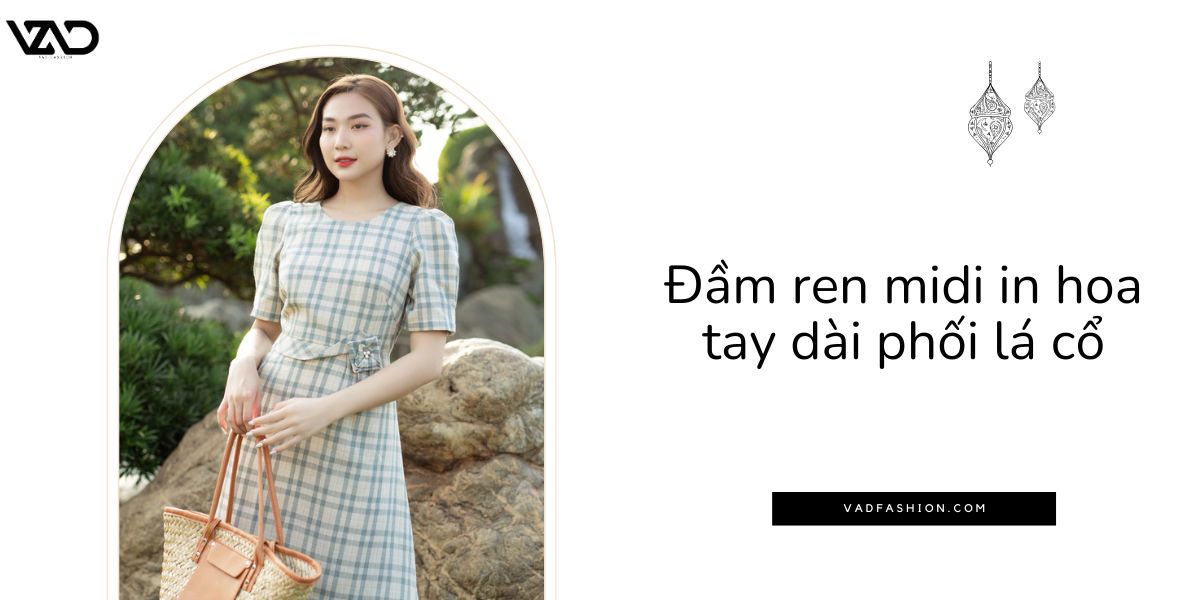 Đầm ren midi in hoa tay dài phối lá cổ