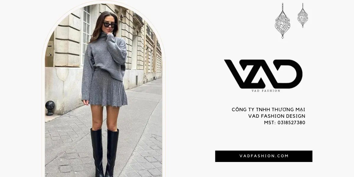 Áo len và chân váy đồng chất liệu