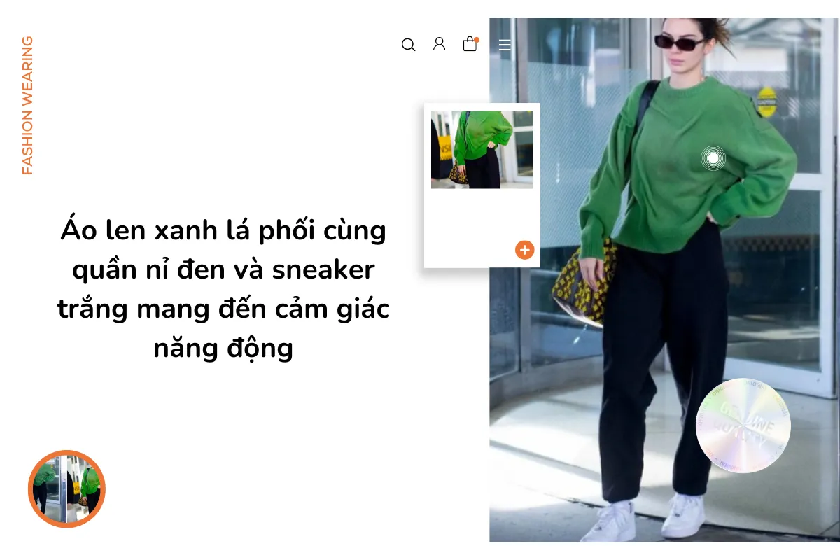 Áo len xanh lá phối cùng quần nỉ đen và sneaker trắng mang đến cảm giác năng động