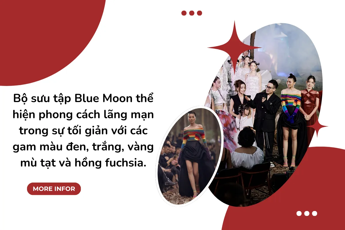 Bộ sưu tập Blue Moon thể hiện phong cách lãng mạn trong sự tối giản với các gam màu đen, trắng, vàng mù tạt và hồng fuchsia.