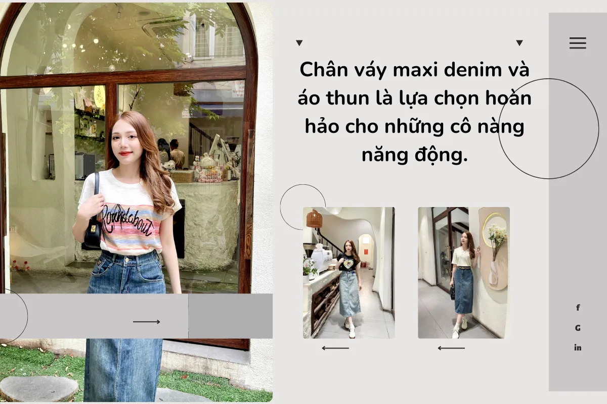 Chân váy maxi denim và áo thun là lựa chọn hoàn hảo cho những cô nàng năng động.