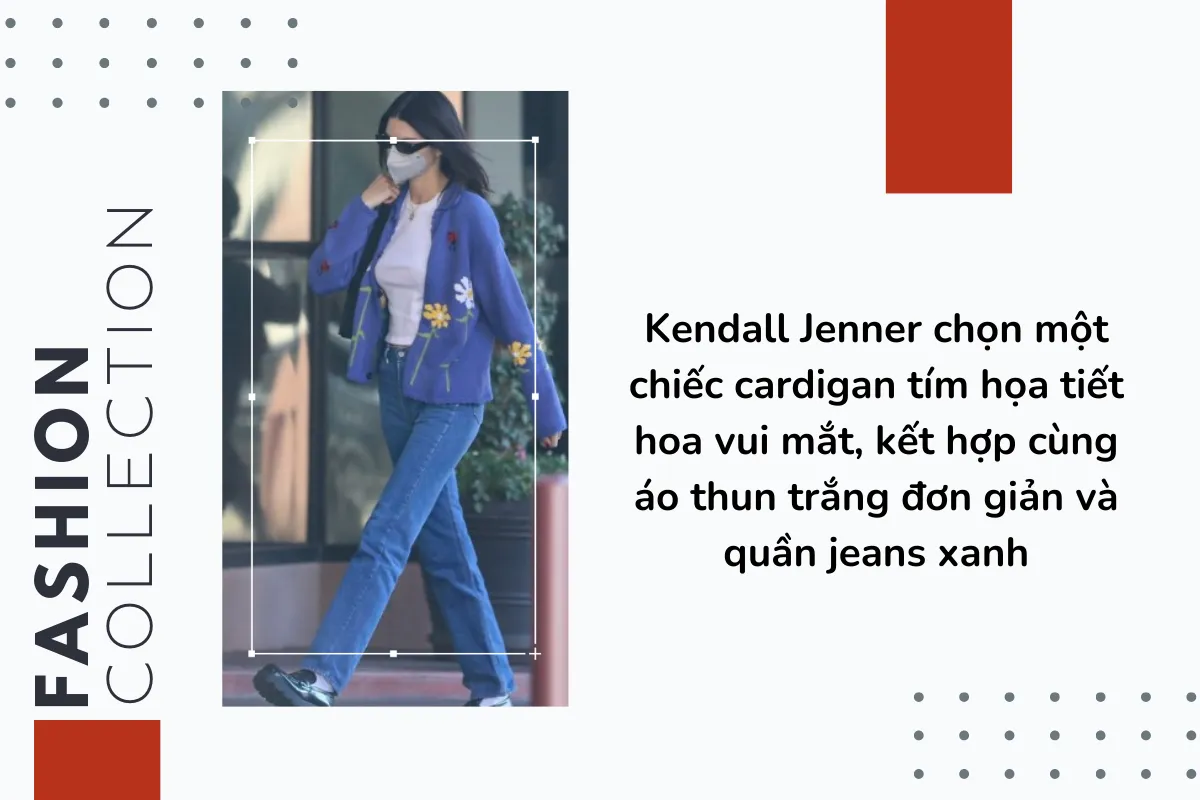 Kendall Jenner chọn một chiếc cardigan tím họa tiết hoa vui mắt, kết hợp cùng áo thun trắng đơn giản và quần jeans xanh