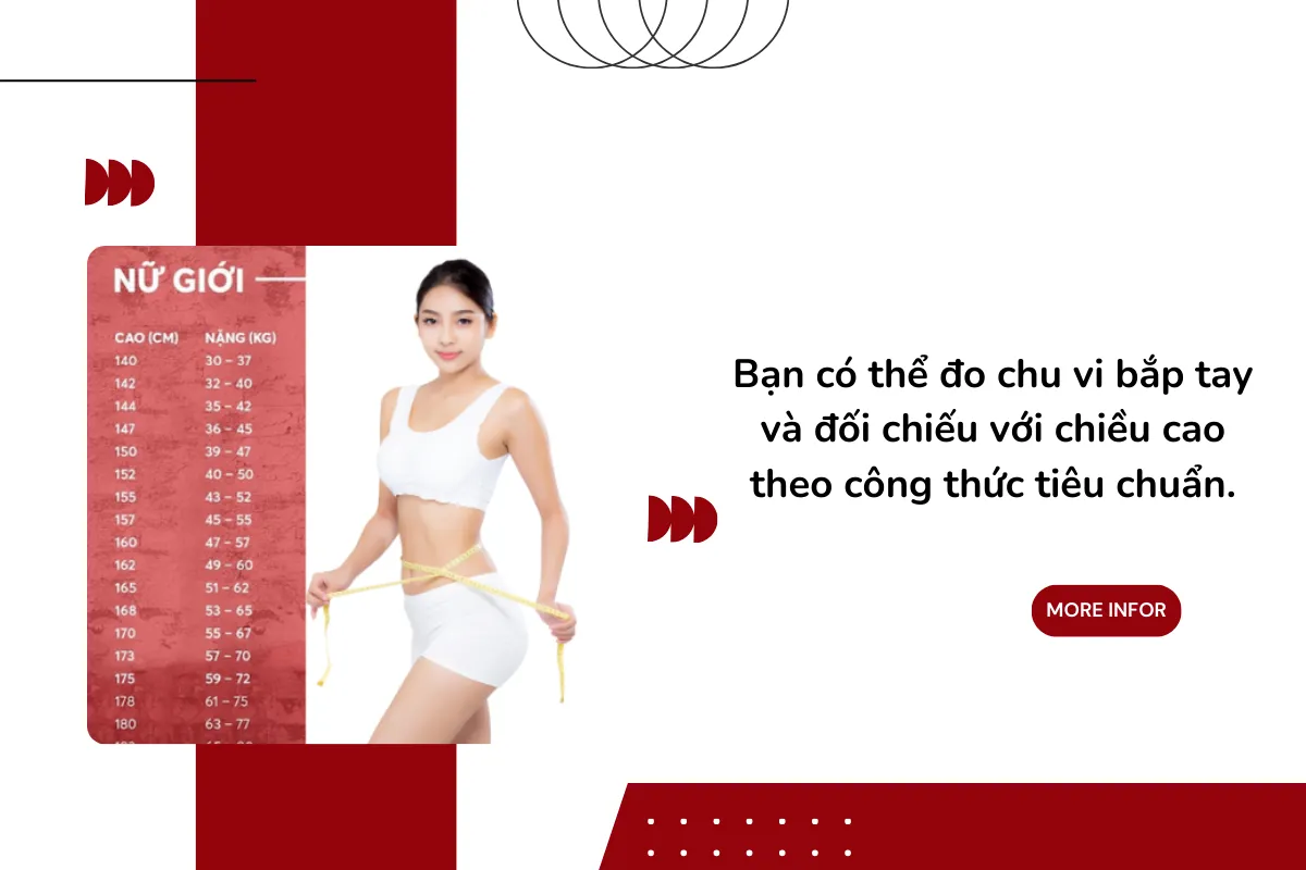 Bạn có thể đo chu vi bắp tay và đối chiếu với chiều cao theo công thức tiêu chuẩn.