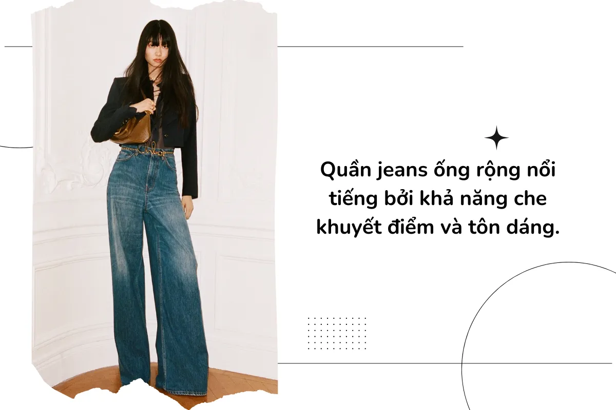 Quần jeans ống rộng là cách phối đồ cho người lùn nổi tiếng bởi khả năng che khuyết điểm và tôn dáng.