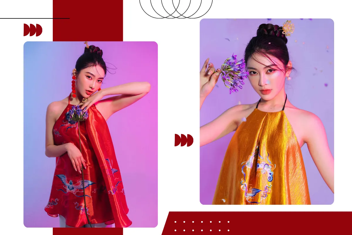 Bộ sưu tập áo dài “Son” được lấy cảm hứng từ nghệ thuật ca trù, một loại hình nghệ thuật đặc trưng của Việt Nam