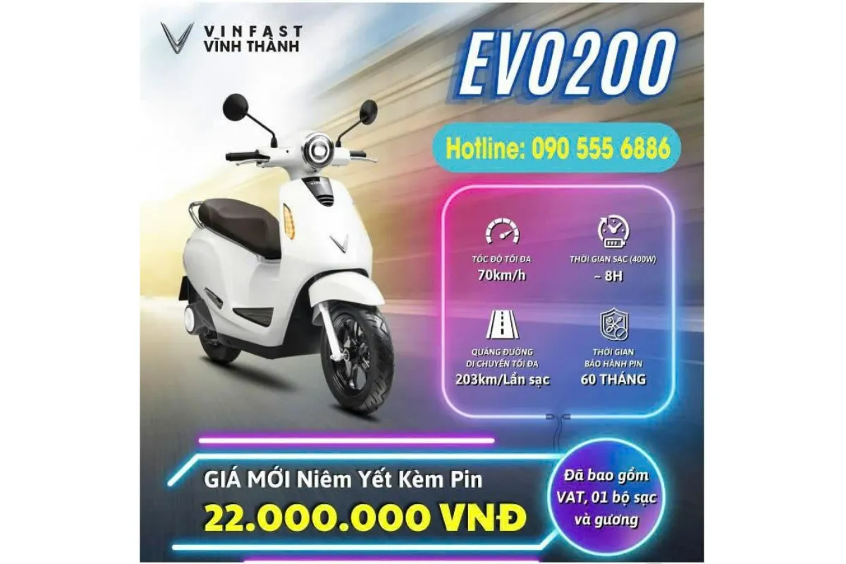 Với mỗi lần sạc đầy, Evo200 có thể di chuyển tối đa 203 km