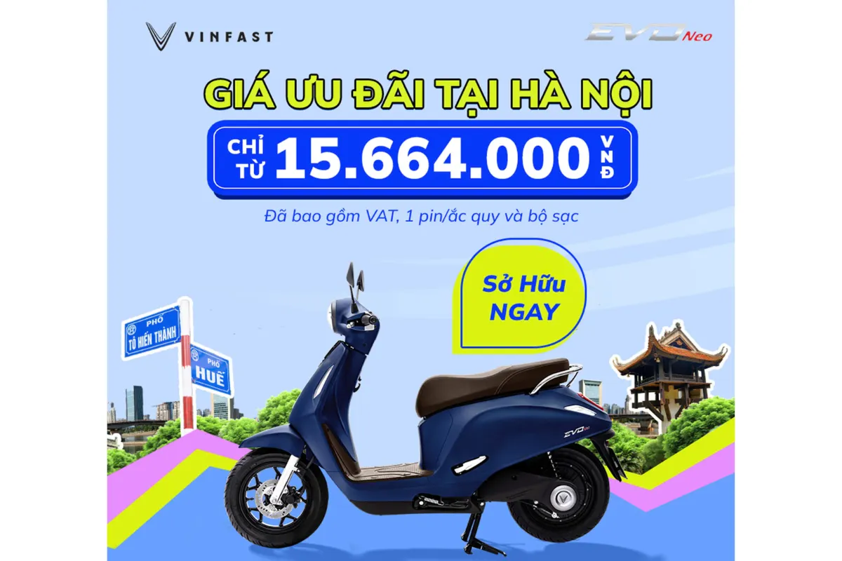 Xe máy điện VinFast Evo NEO có giá ưu đãi 15.664.000 VNĐ chỉ dành riêng cho khách hàng tại Hà Nội