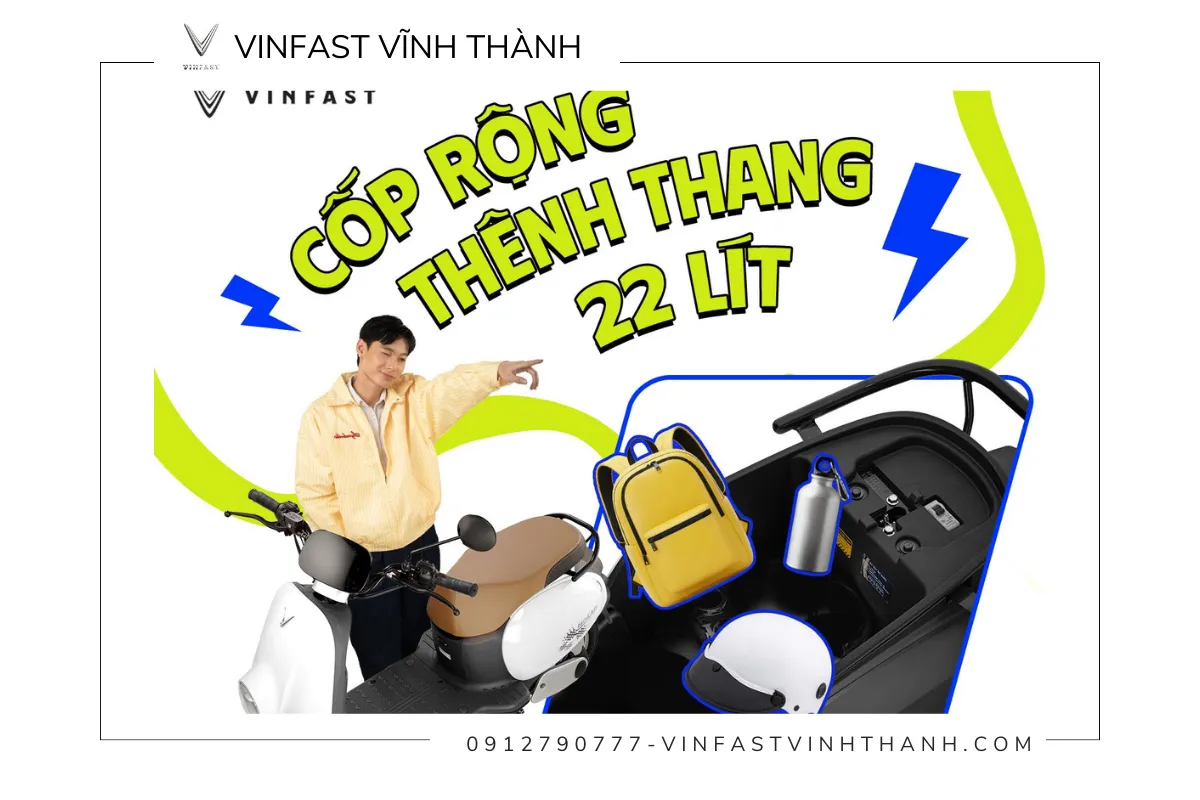 Cốp xe VinFast Motio có dung tích 22 lít giúp học sinh thoải mái đựng đồ