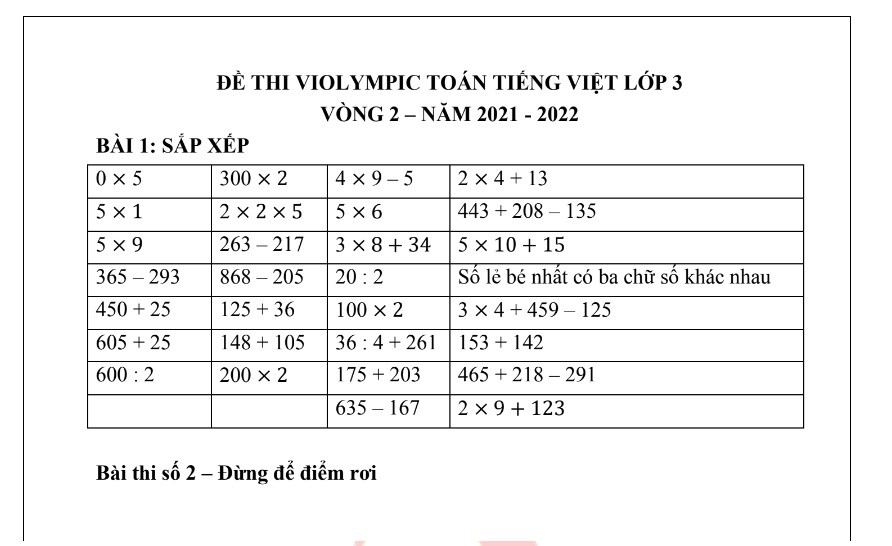 Đề thi Toán 3 Violympic vòng 2 năm 2021 - 2022 Có đáp án