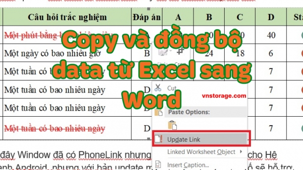 Cách copy và đồng bộ dữ liệu bảng tính giữa Excel sang Word