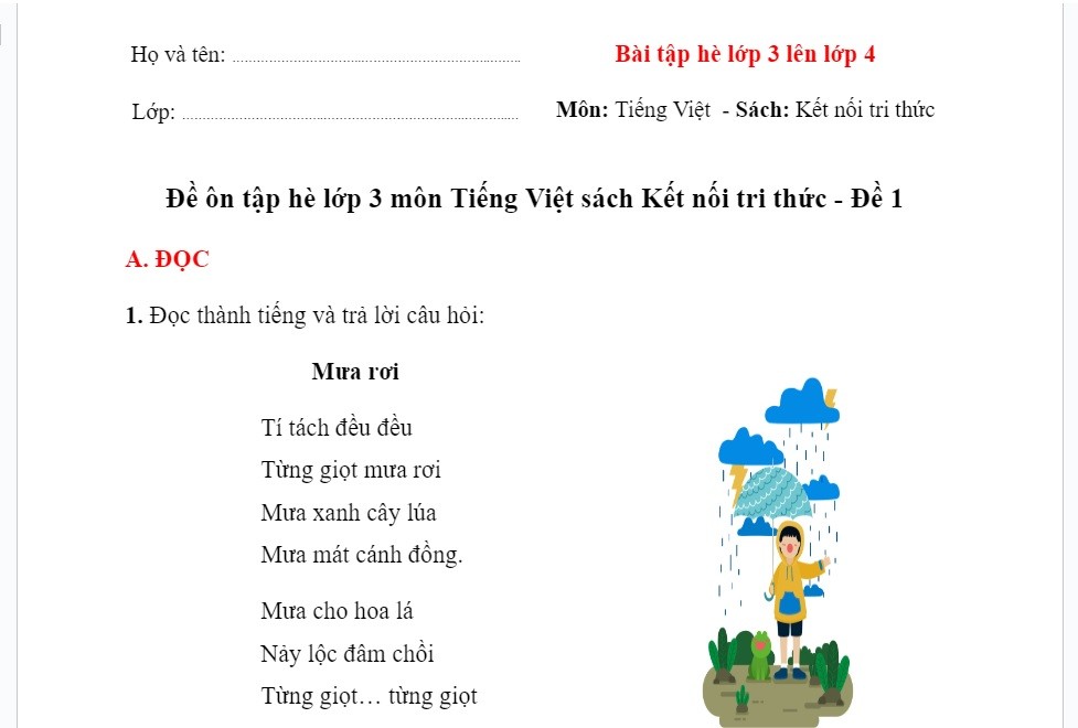 Bộ 5 Đề Ôn Hè Tiếng Việt Lớp 3 Lên 4 Sách Kết Nối Tri Thức