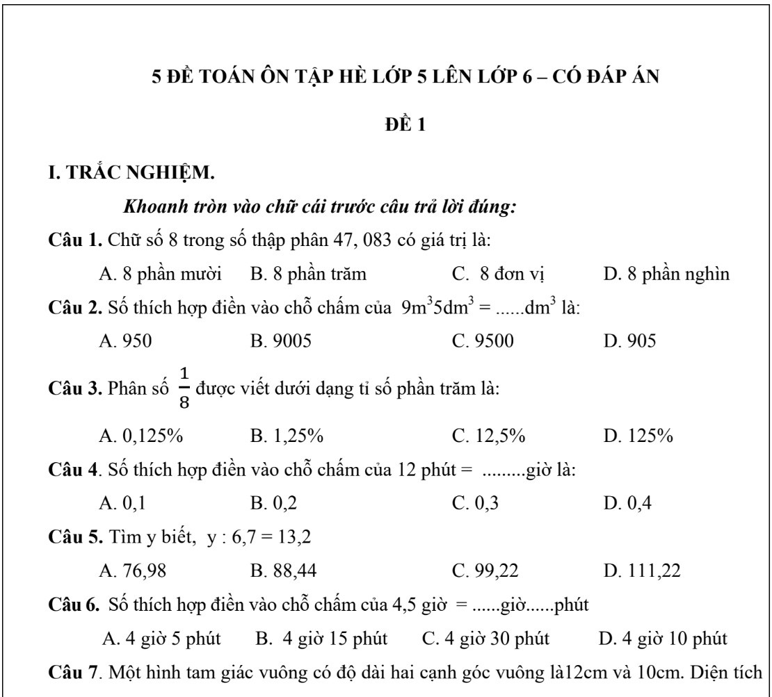 5 Đề Toán Ôn Tập Hè Lớp 5 Lên Lớp 6 (Có đáp án)