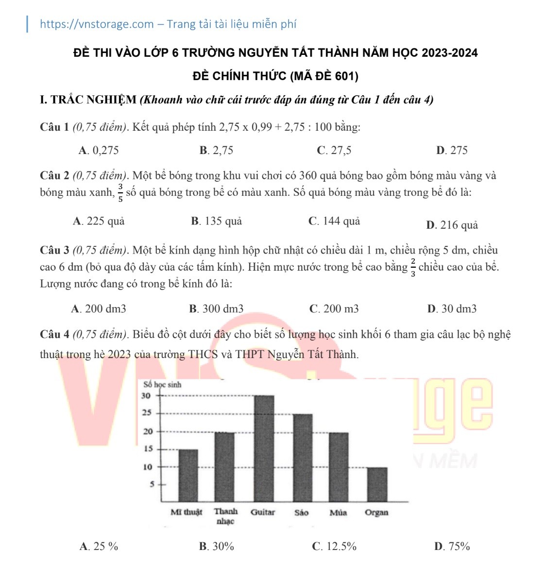 Đề thi Toán vào lớp 6 trường Nguyễn Tất Thành năm học 2023-2024 (Có đáp án)