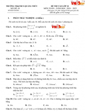 Đề Thi Thử Tuyển Sinh Lớp 10 Toán THCS Quảng Thuỷ, Quảng Bình Năm 2024-2025 (Có đáp án)
