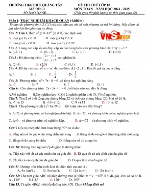 Đề Thi Thử Vào Lớp 10 Toán THCS Quảng Tân, Quảng Bình Năm 2024-2025 (Có đáp án)