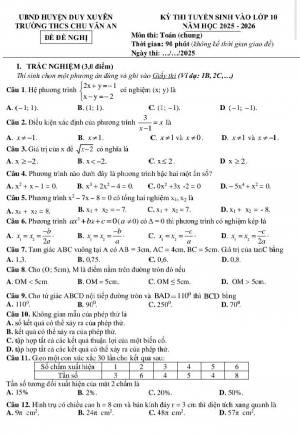 Đề Thi Thử Tuyển Sinh Lớp 10 Toán THCS Chu Văn An, Duy Xuyên, Quảng Nam 2025 (Có đáp án)