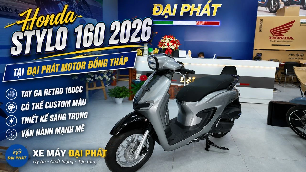 Honda Stylo 160 2026 tại Đại Phát Motor Đồng Tháp Honda Stylo 160 là mẫu xe tay ga nổi bật với phong cách retro hiện đại, kết hợp giữa thiết kế thời trang, động cơ eSP+ 160cc